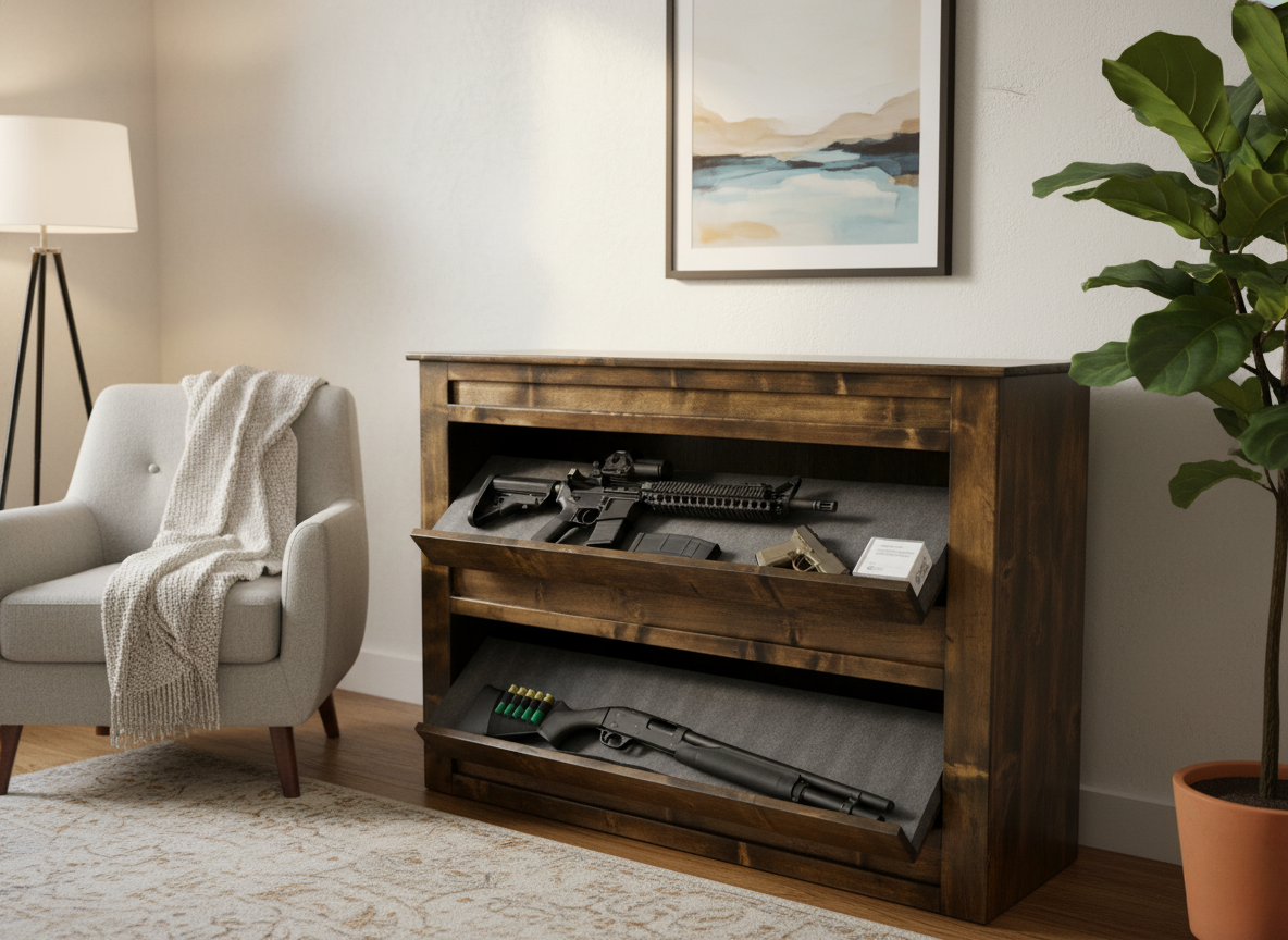 Floor Shelf Furniture with Hidden Firearms Compartment