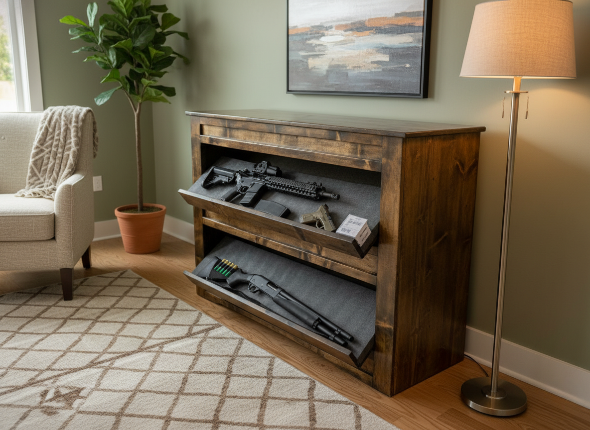 Floor Shelf Furniture with Hidden Firearms Compartment