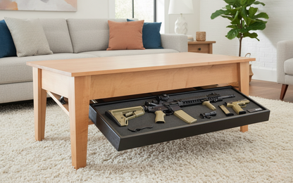 Coffee table with hidden firearms compartment